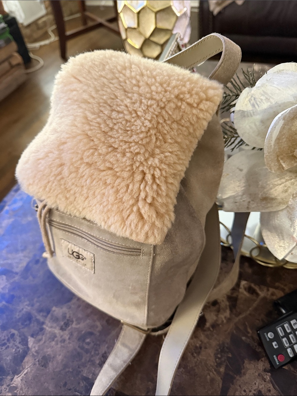 UGG Women's Sheepskin Flap Drawstring Backpack in Beige - Picture 2 of 5
